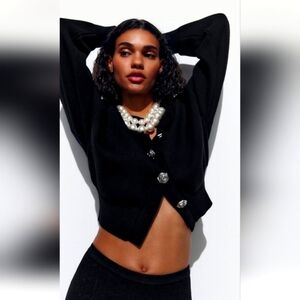 Zara Metal Knit Button Cardigan Size M Black